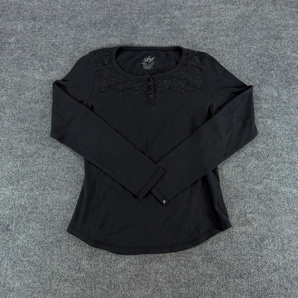 Soft Sensations by Clay Black Waffle Knit Lace Henley Top Long Sleeve Womens S